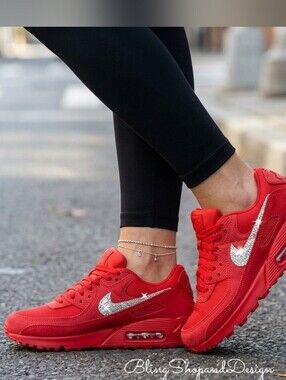 Bling Nike Air Max 90 Red Shoes Custom With Crystals